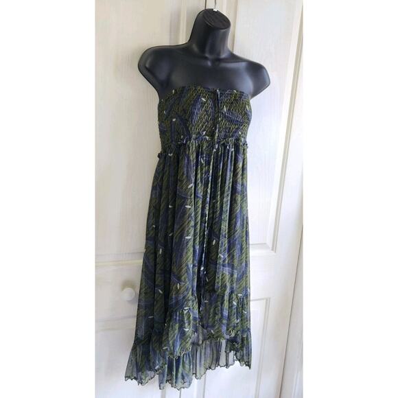 Lapis Women Strapless Sundress L Green Boho Leaf Print High Low Chiffon Festival - Picture 15 of 16
